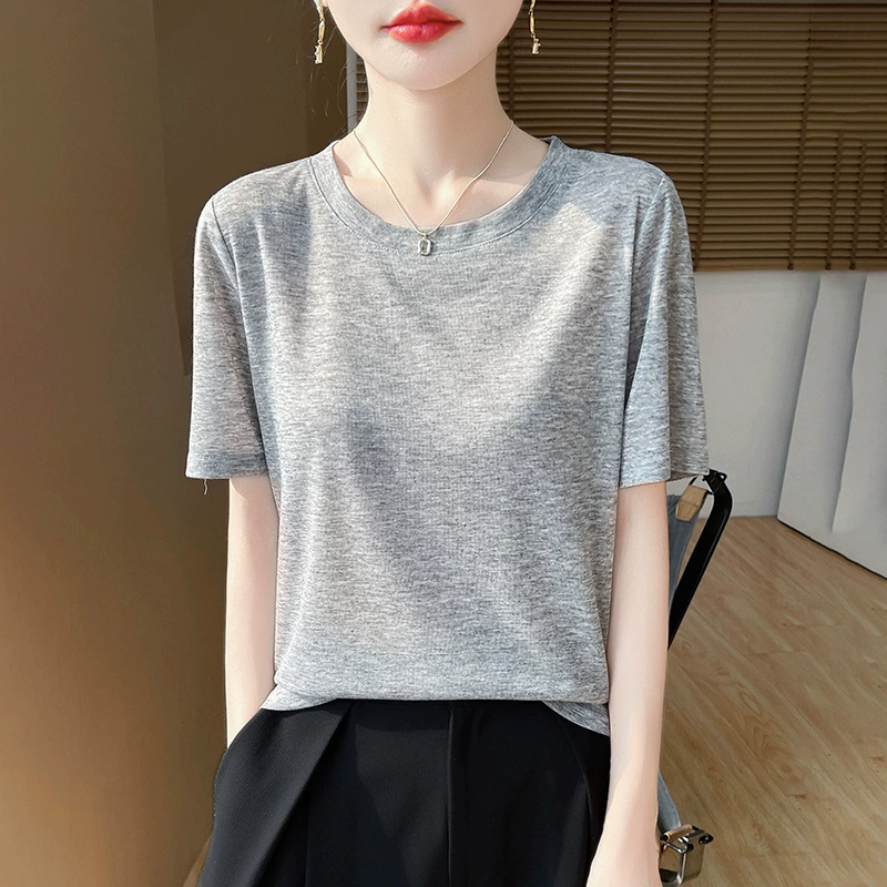 25 лет весны и лета новая камвольная трикотажная футболка с короткими рукавами женская сплошная тонкая свободная пуловера нижняя рубашка