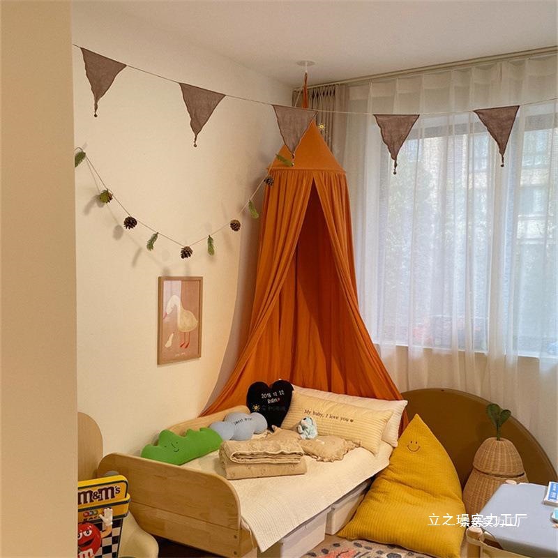 Baby Crib Dome Mosquito Net Kidsren's Room Tent Game House Decoration Blackout Bed Curtain Washed Cotton Khaki Open Door Bed Net