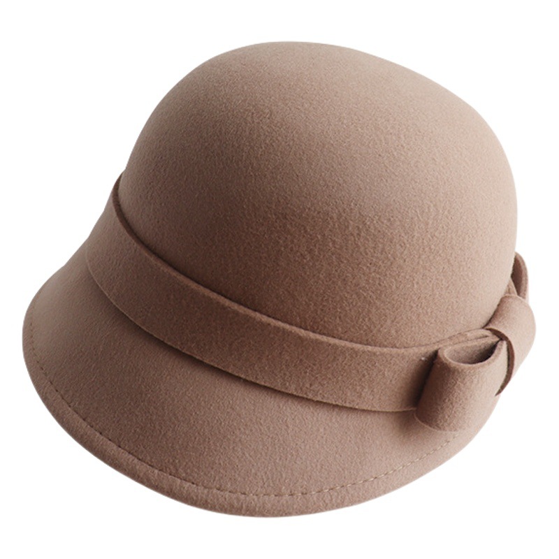 Estilo francés poco Hepburn frente Largo trasero corto arco sombrero de lana pescador cuenca sombrero blanco crema pequeño ala sombrero femenino