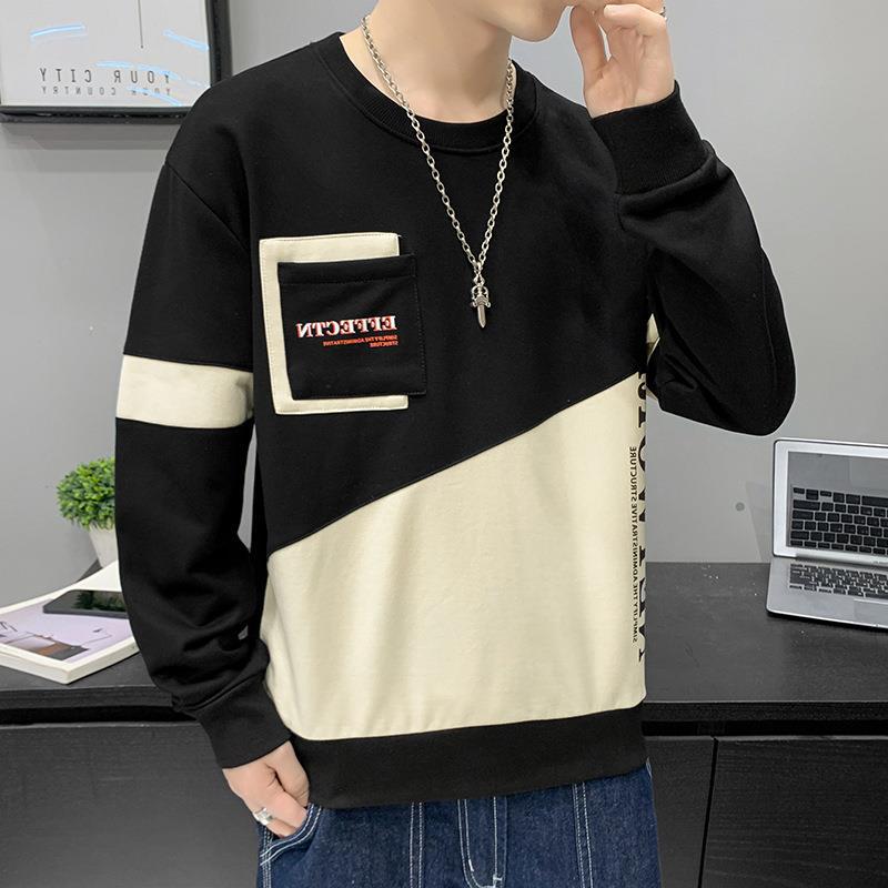 Suéter de los hombres de otoño forrado de lana suéter de manga larga cuello redondo camisa de fondo de los hombres de moda cuello redondo costura popular contraste color ropa de los hombres