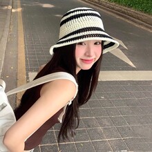 夏季大头围显脸小镂空编织条纹渔夫帽女休闲百搭防晒盆帽遮阳帽子