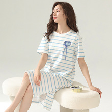 夏季薄款100%纯棉睡裙短袖日系条纹简约现货跨境全棉女士家居服