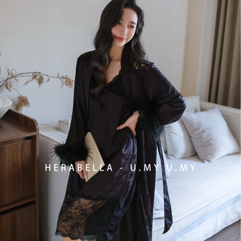 Hera Bella Light Luxury Pure Desire Sexy Lace Trim Feather Ice Silk Camisole Nightgown Two-Piece Sleepwear Set Hera Bella Light Luxury Pure Desire Sexy Lace Trim Feather Ice Silk Camisole Nightgown Two-Piece Sleepwear Set