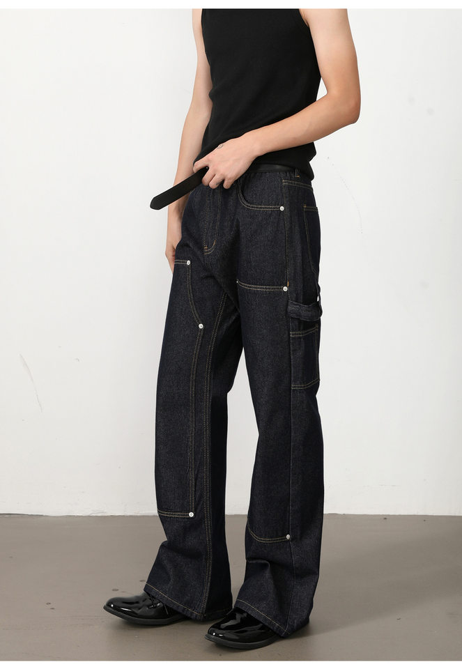 Quần jean nam ống loe nhẹ dáng chữ A phong cách đường phố, cạp vừa, dài — Xanh denim chi tiết 15