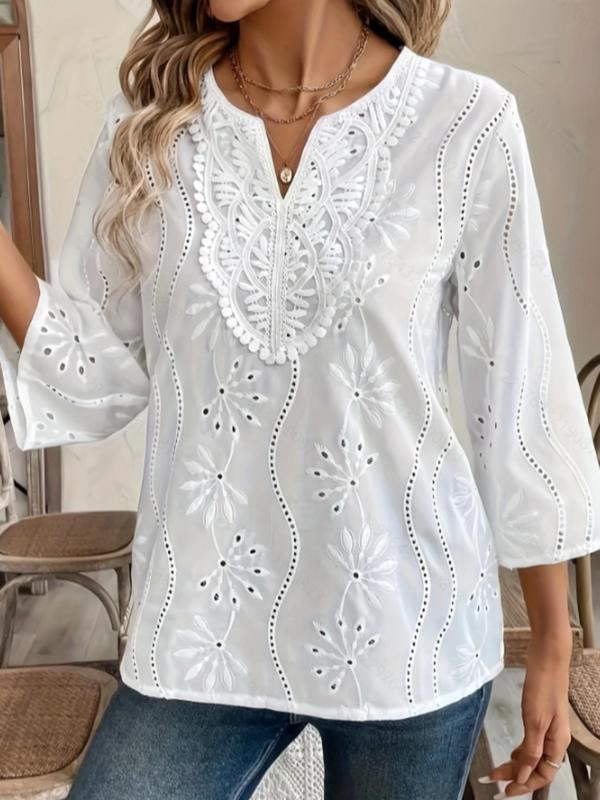 Women's Plain Eyelet Embroidery Notched Blouse Elegant 3 4