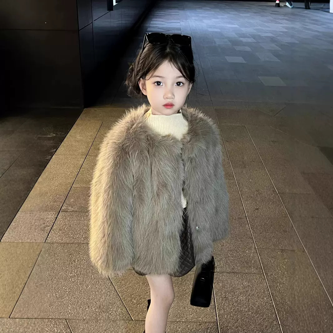 女童冬装2025新款仿狐狸毛宝宝加绒加厚毛毛大衣洋气儿童皮草外套