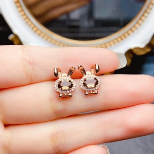 New natural tea crystal earrings S925 silver inlaid main stone 4*6mm Joker net red explosions women's jewelry wholesale