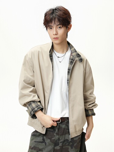 Double-sided retro checked Harrington work jacket autumn fashion brand loose stand-collar American silhouette coat q