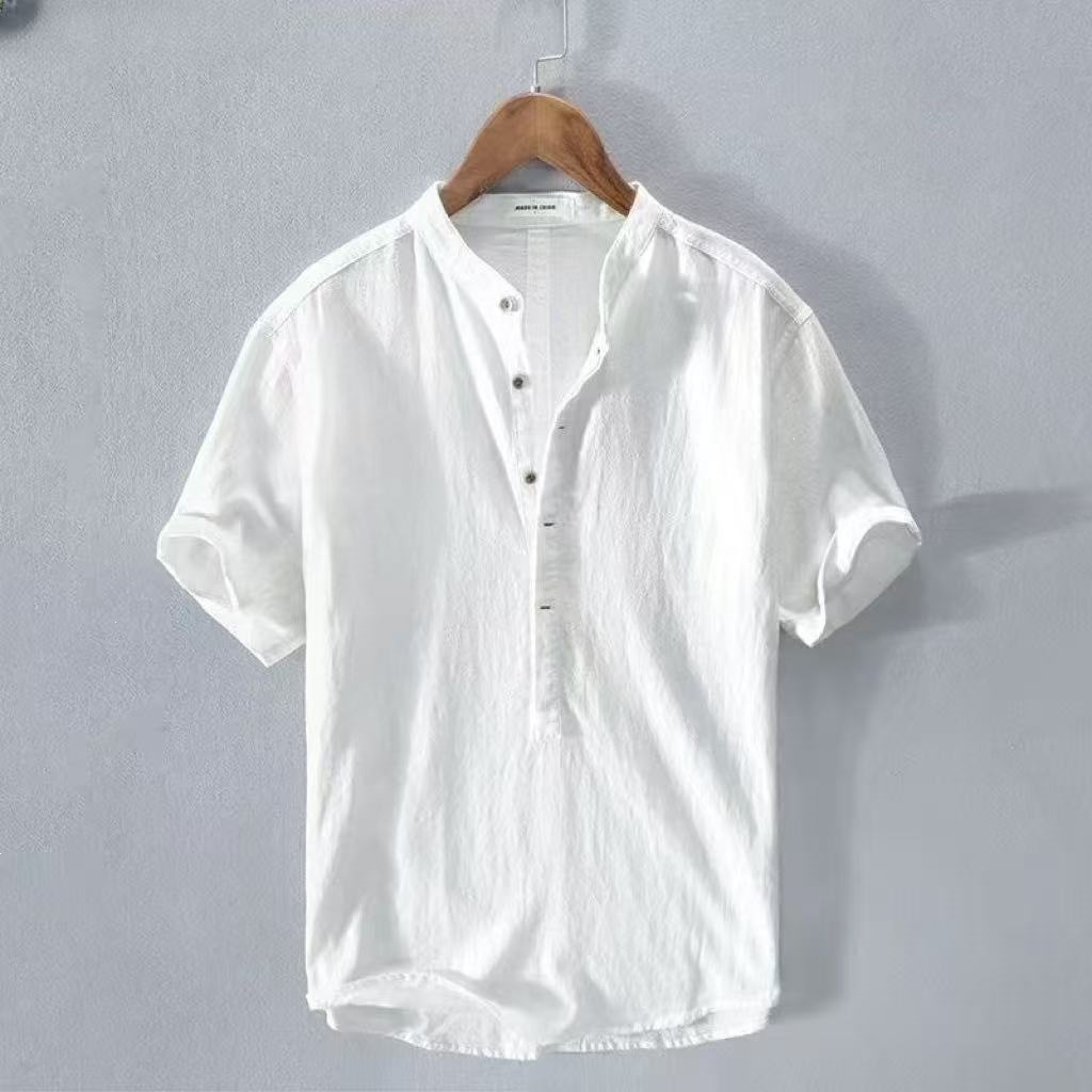 Camicia da uomo taglie forti in cotone e lino a maniche corte, vestibilità ampia e casual, ideale per l'estate._voghion.com
