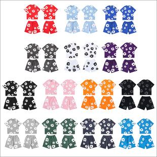 New European Trendy Brand Denim Main Line Kapok Foam Printing Large Size Loose Trendy Short-Sleeved Suit for Men and Women Couples