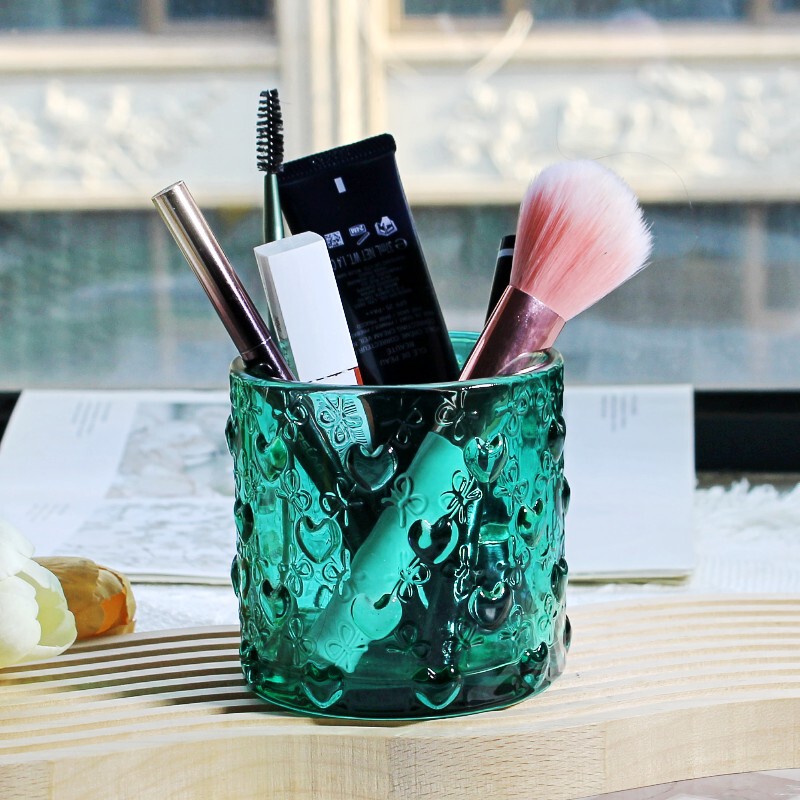 New Embossed Bowknot Heart-Shaped Scented Candle Glass Cup Makeup Brush and Nail Art Tool Storage Cup