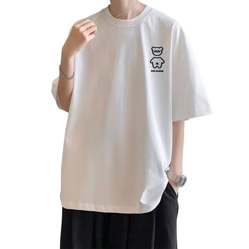 Men's Summer Short Sleeve Half-Sleeve Printed Crew Neck Hong Kong Style T-Shirt Fashion Cool Five-Sleeve Sweatshirt Summer Mid-Sleeve