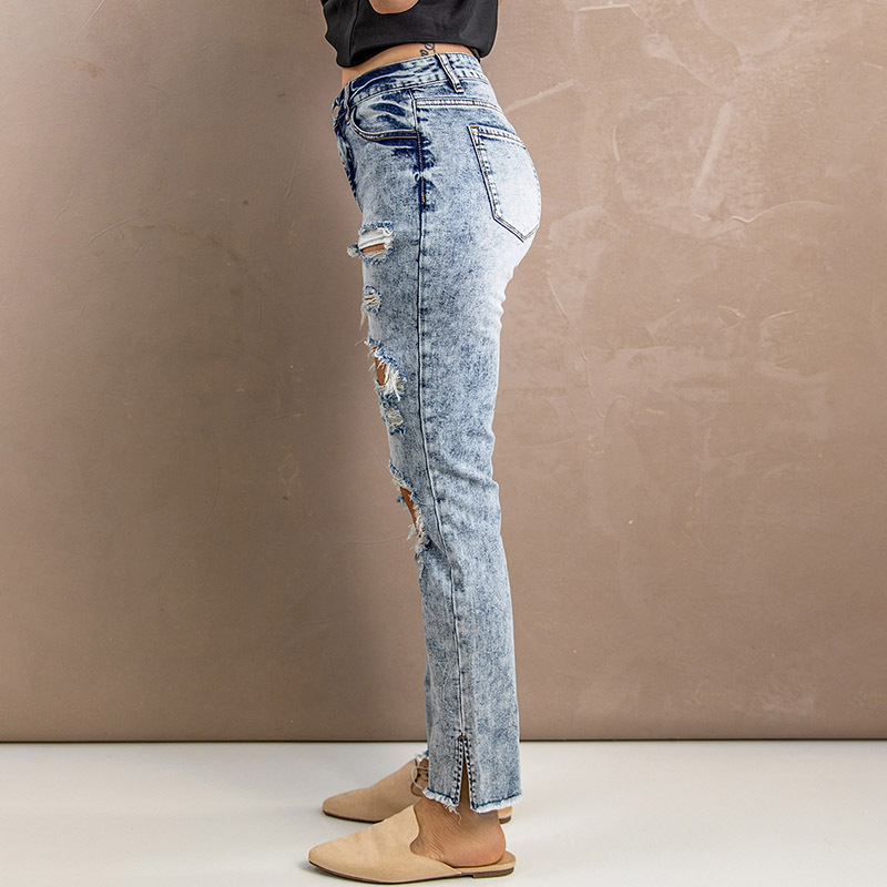 欧美破洞牛仔裤女夏亚马逊新款磨边下摆宽裤脚浅色镂空高腰牛仔裤