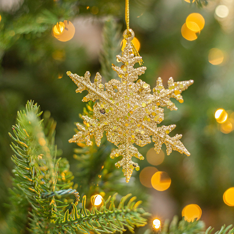 Decoraciones de Navidad personalizadas polvo de Navidad copos de nieve de plástico dorado pequeño colgante colgante conjunto de accesorios