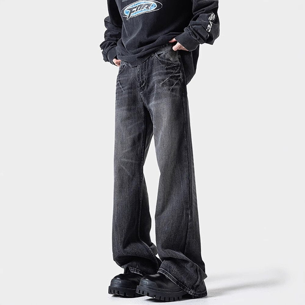 Lightning Pattern Slightly Pulled Jeans Men's 2026 Spring New American Retro Washed Large Size Loose Straight Trousers_voghion.com
