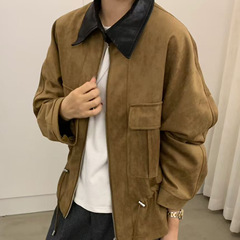 撞色拼接麂皮绒短外套女2025秋季新款宽松百搭小个子夹克上衣