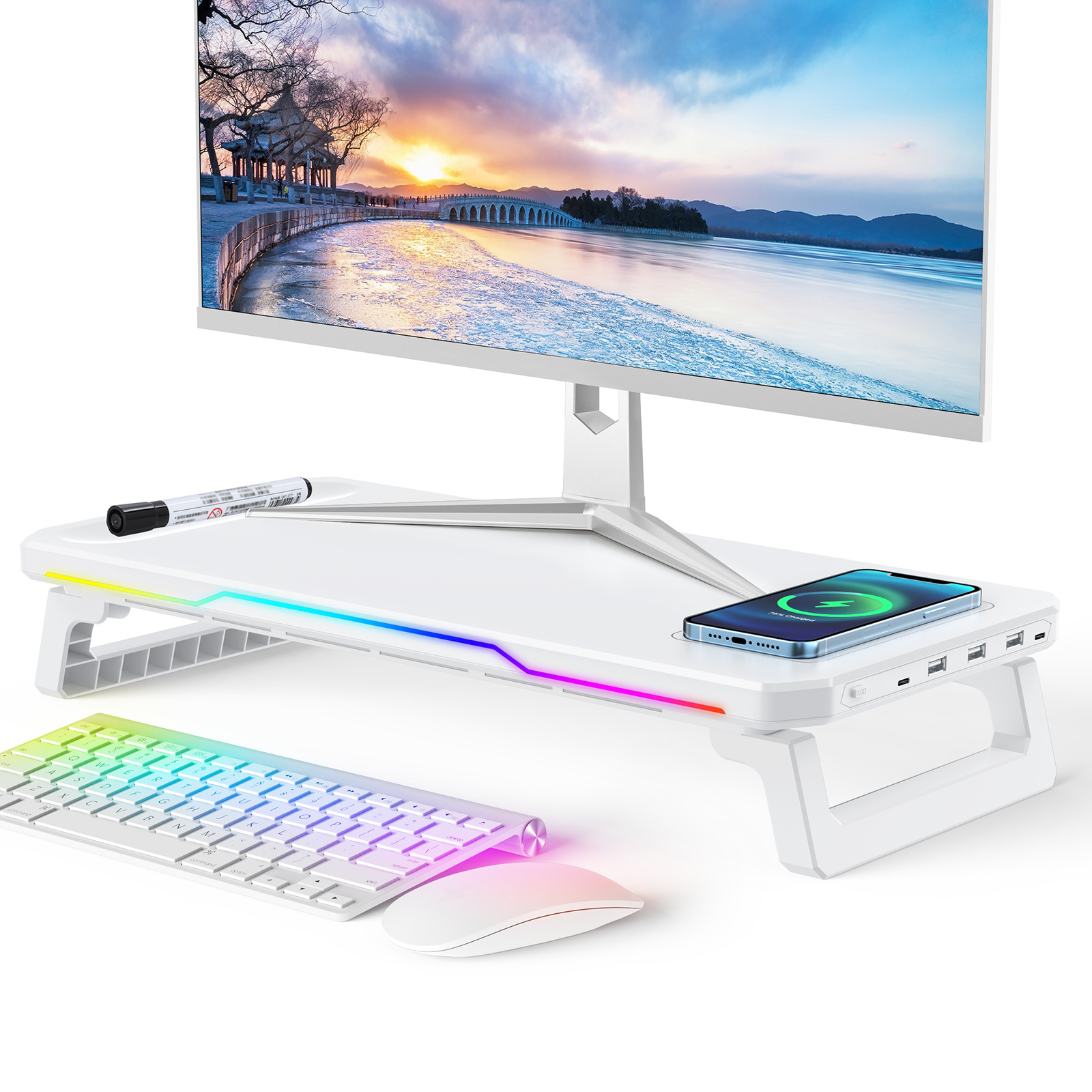 무선 고속 충전 화이트 + RGB 조명 + 허브 확장