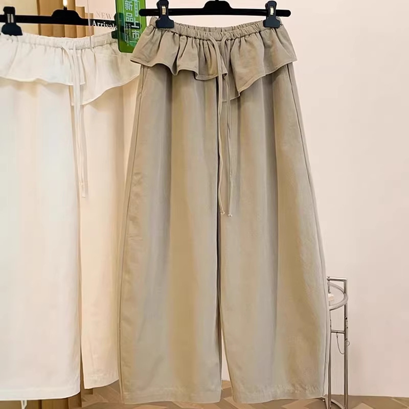 Korean Style High-End Lotus Leaf Lace Wide-Leg Pants for Women, New Spring High-Waisted Tie Loose Versatile Cropped Casual Pants