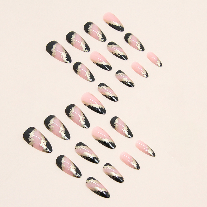 Produits pour ongles portables, Style Instagram, noir frais, français, irrégulier, feuille d'or, amande nacrée_voghion.com