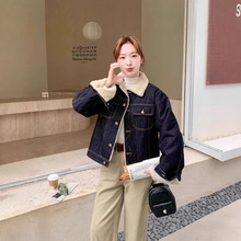 港风复古加绒加厚牛仔短外套女冬季2025新款学院风羊羔毛夹克棉服