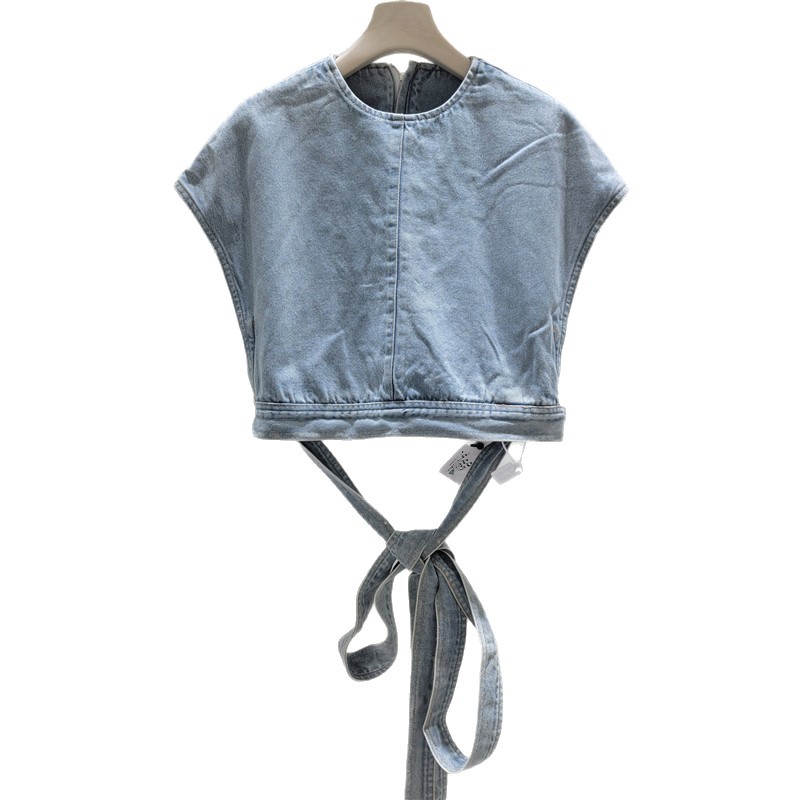 Casual jeans camiseta de mangas cortas mujeres verano 2026 cuello redondo suelto correa envoltura blusa