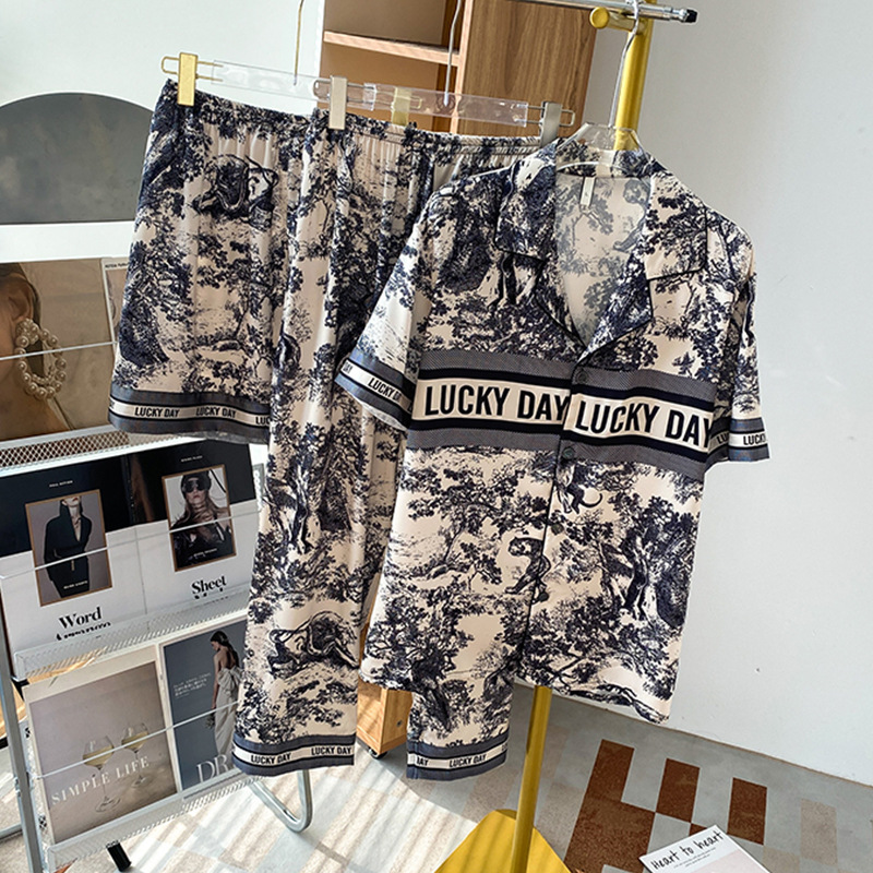 봄 여름 신작 얼음 실크 잠옷, 수묵화 정글 반팔 가디건 3 피스 세트, 가벼운 럭셔리 커플 홈웨어