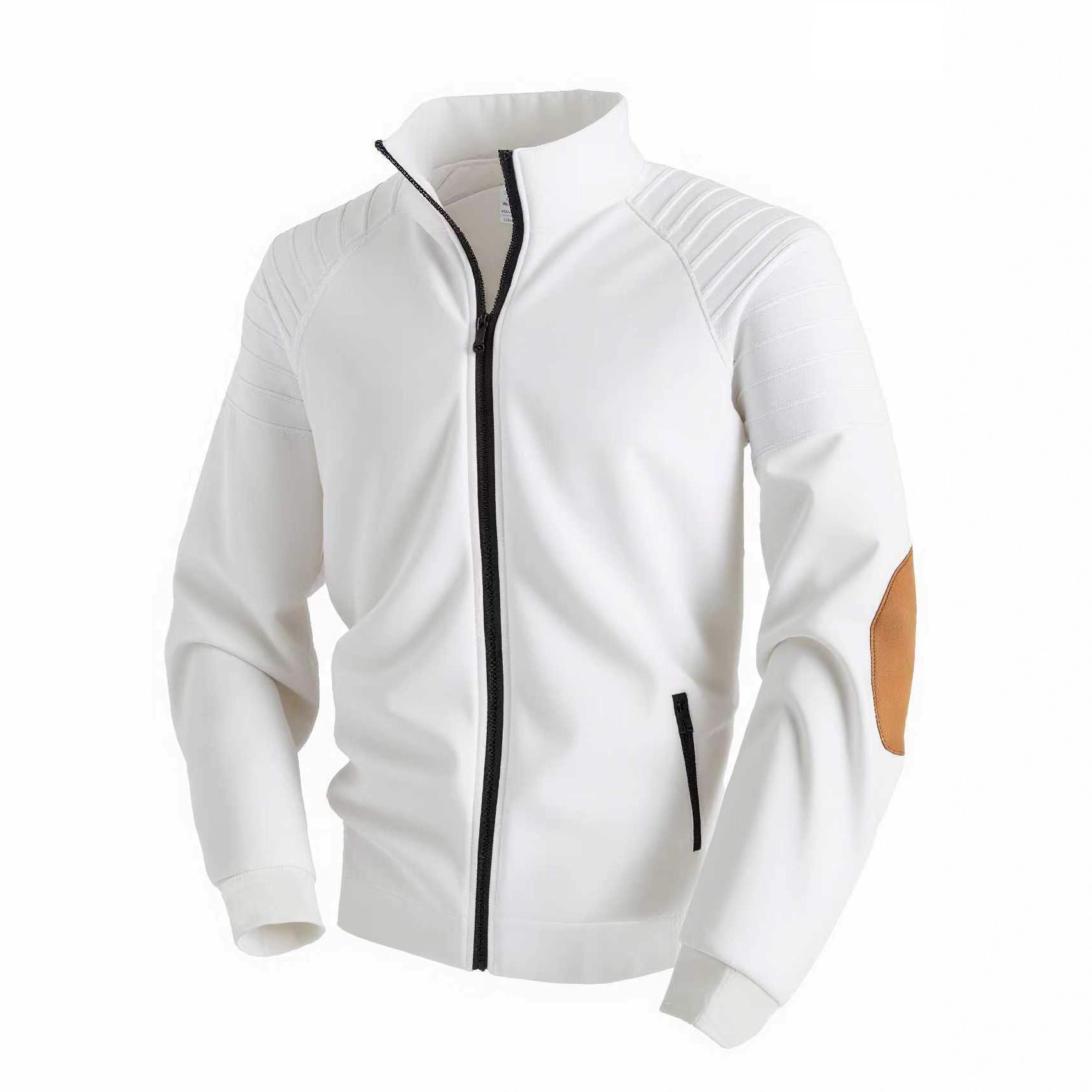Monochroom herenjack met opstaande kraag en ritssluiting, geschikt voor de lente en herfst, met plooien op de mouwen._voghion.com