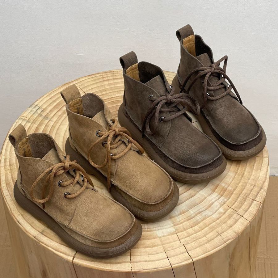 Plus Size Lace Up Martin Boots Retro Style Winter Thick Soled Round Toe Ankle Boots For Women_vogvips.com