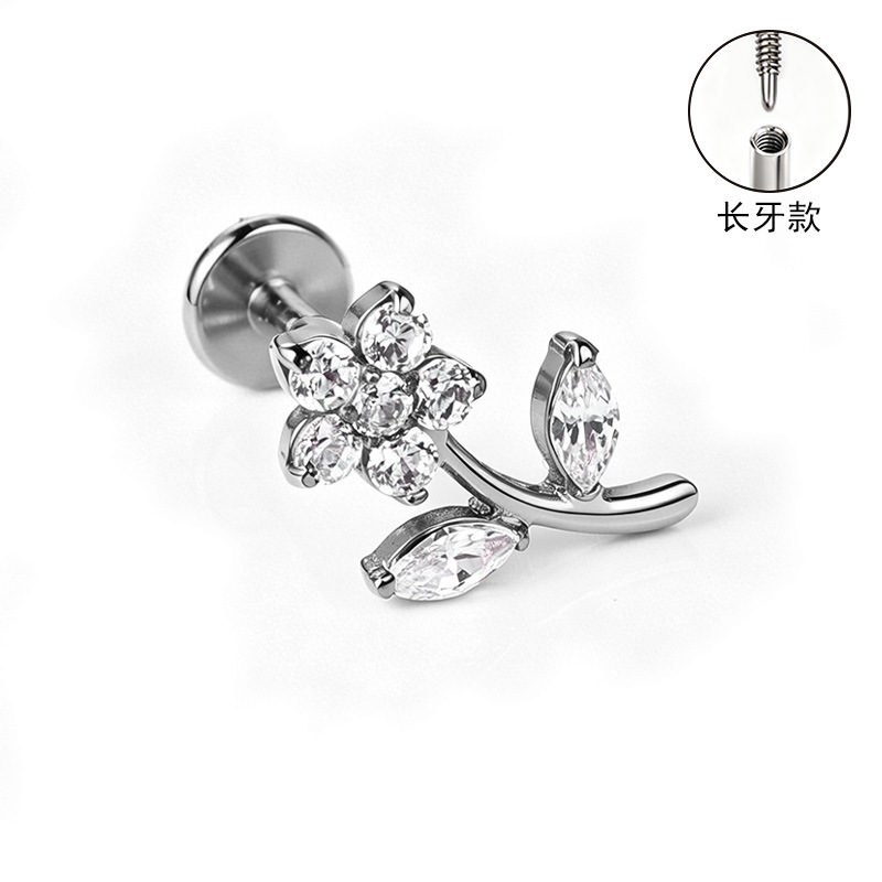 F136 Titanium Alloy Long Tooth Style Ear Studs, Finely Carved Ear Bone Studs with Zirconia, Lip Studs, G23 Titanium Body Piercing Jewelry detail image 21