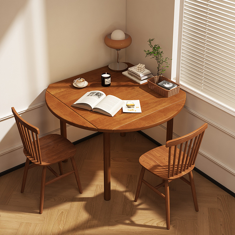 Solid Wood Folding Round Dining Table for Home Small Square Table Retractable Dining Table and Chair Combination Nordic Walnut Color Small Round Table