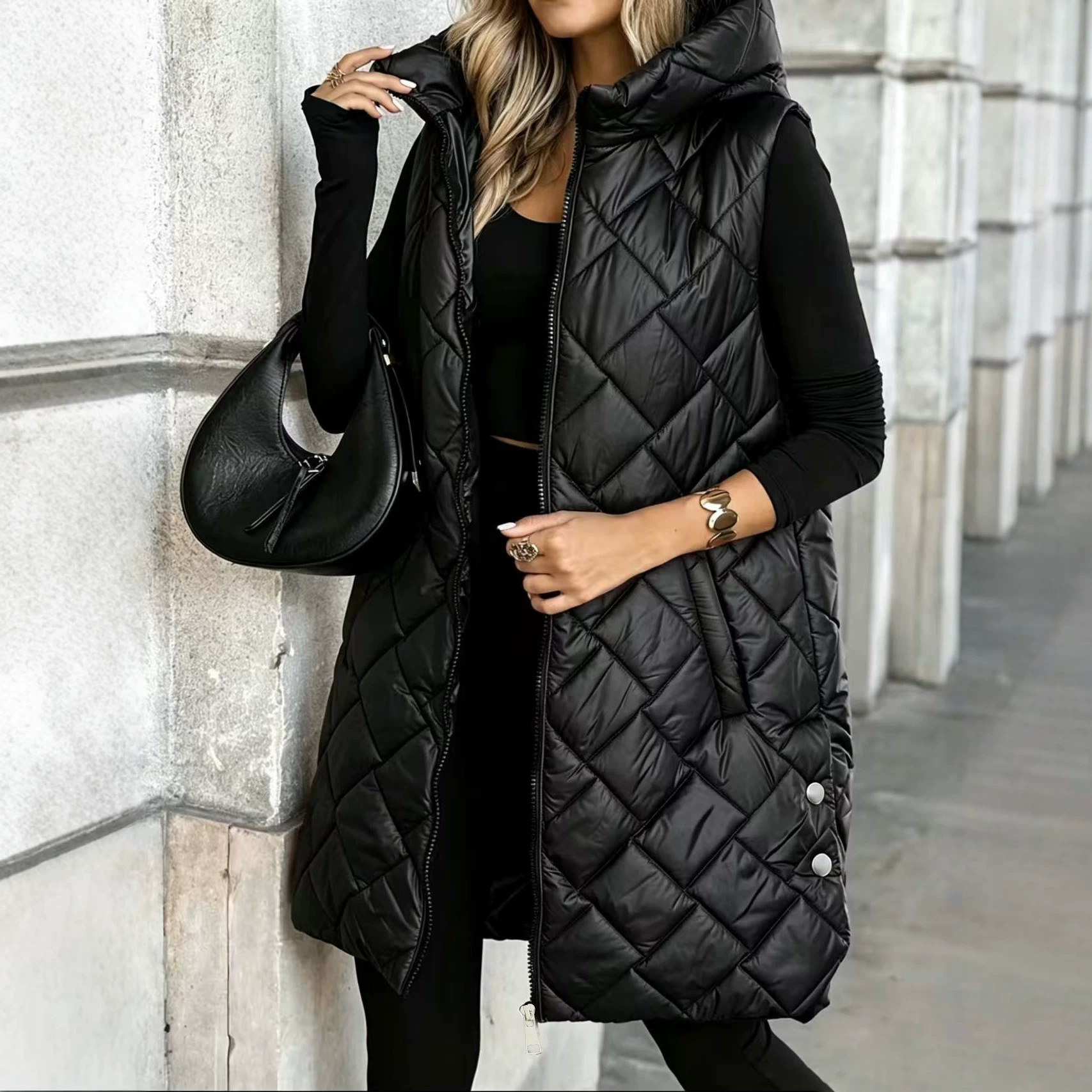 2026 European and American cross-border Amazon plus-size hooded vest quilted cotton coat for women, mid-length, warm and loose-fitting outerwear