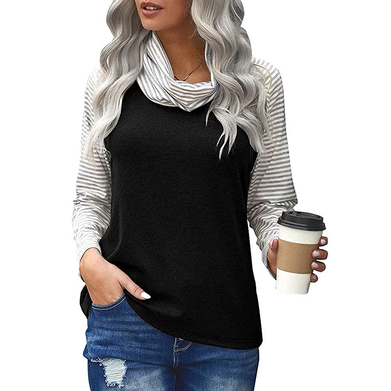 women s striped printing stitching high neck long sleeve T-shirt nihaostyles clothing wholesale NSLZ74067