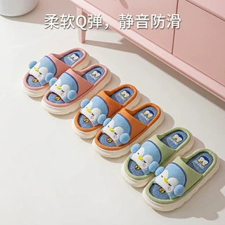 跨境现货情侣款新款亚麻拖鞋卡通可爱小鸭开口露趾家居踩屎感拖鞋