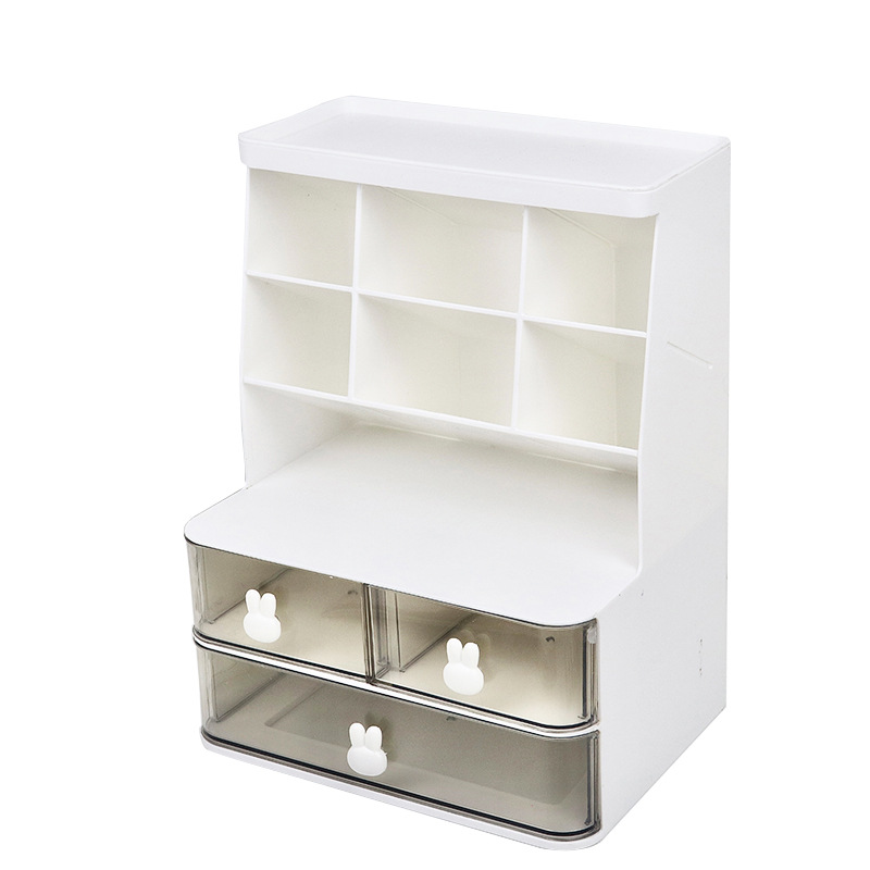 Conejo de escritorio de doble capa estante de almacenamiento transparente tipo cajón apertura esencial dormitorio de estudiantes almacenamiento cosmético
