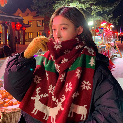 Christmas elk large scarf for women in autumn and winter, versatile and cute, girly heart-length knitted woolen scarf to keep warm in winter