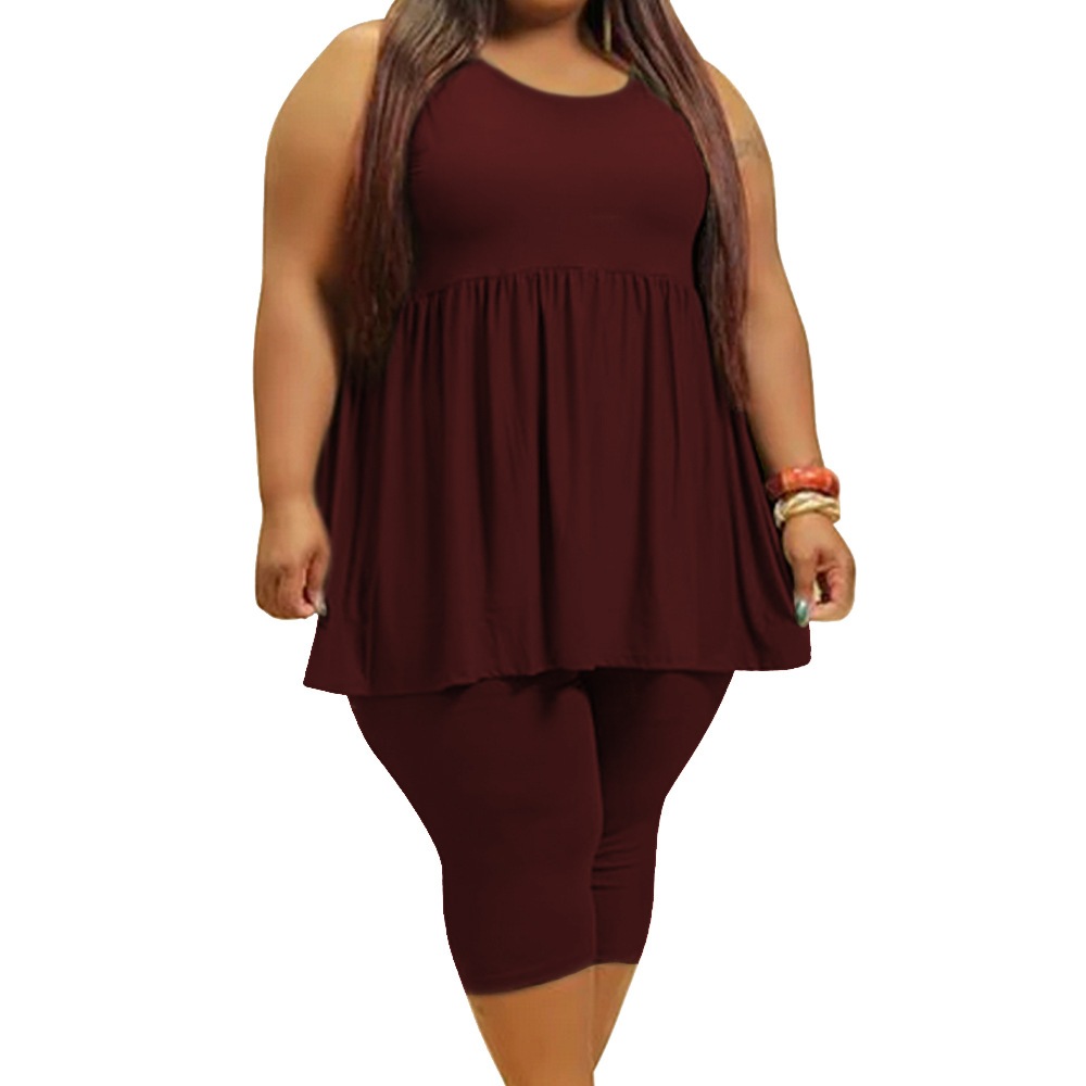 plus size sleeveless pleated skirt top 5 points pants two-piece set Nihaostyles wholesale clothing vendor NSCYF73110