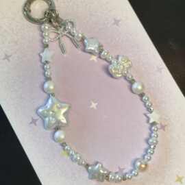 白月光仿珍珠星星手机挂绳手机链甜美风蝴蝶结串珠链条小香风配饰