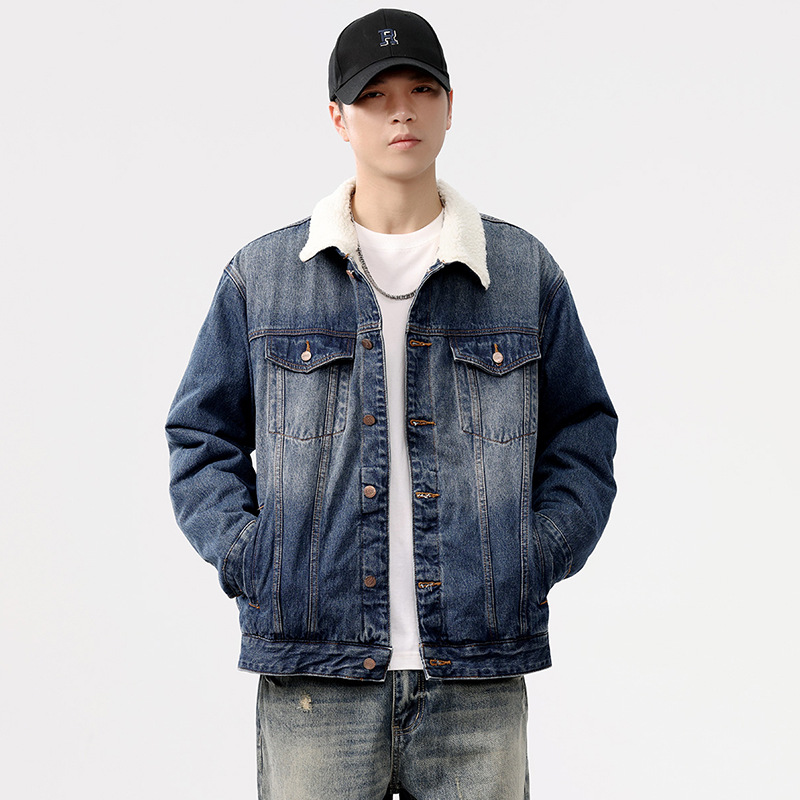 2024 invierno sencillo nostálgico velchillo grueso chaqueta denim hombre estilo de moda joven chaqueta denim cálida