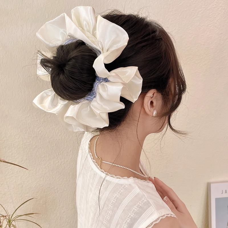 Accesorio para el cabello de estilo francés para mujer, pañuelo cuadrado simple, coletero de gran tamaño con ribete de encaje.