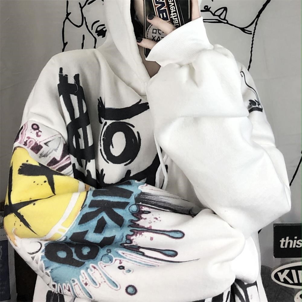 Suéter de graffiti transfronterizo europeo y americano engrosado con forro polar Otoño e Invierno Nueva pareja impresa suéter con capucha suelta image 5