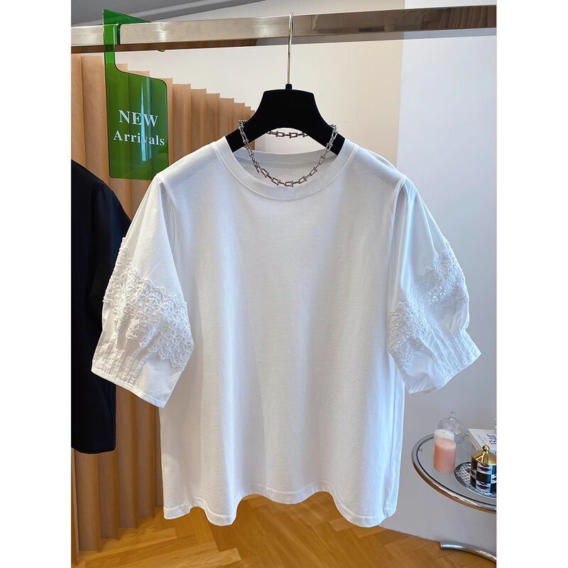 Super Nice Lace Shirt Sleeve Stitching T-shirt Women's Short Sleeve New Loose Stylisch Puff Sleeve Shirt Top A3585