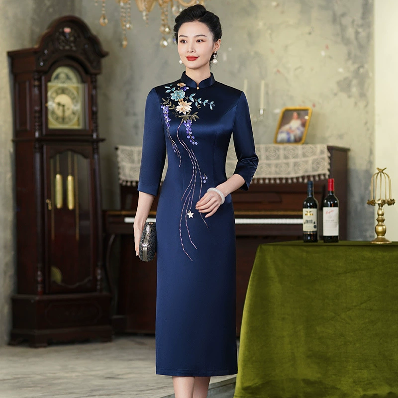 Благородный счастливый мать-в-законе свадебное платье элегантный молодая мать свадебное платье ацетат Cheongsam можно носить в обычное время [9949]