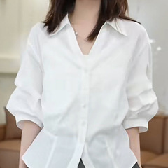 哥家商场同款女装2025夏季开松弛感女白色法式知性薄款短袖衬衫
