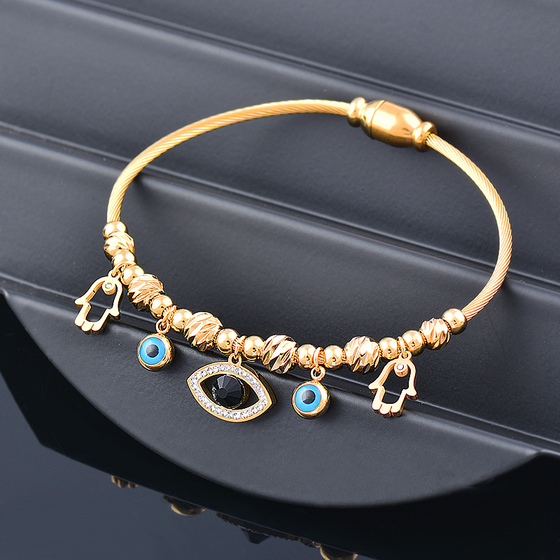 Fashion Devilu0027S Eye Titanium Steel Beaded Hollow Out Inlay Turquoise Zircon Bangle 1 Piece