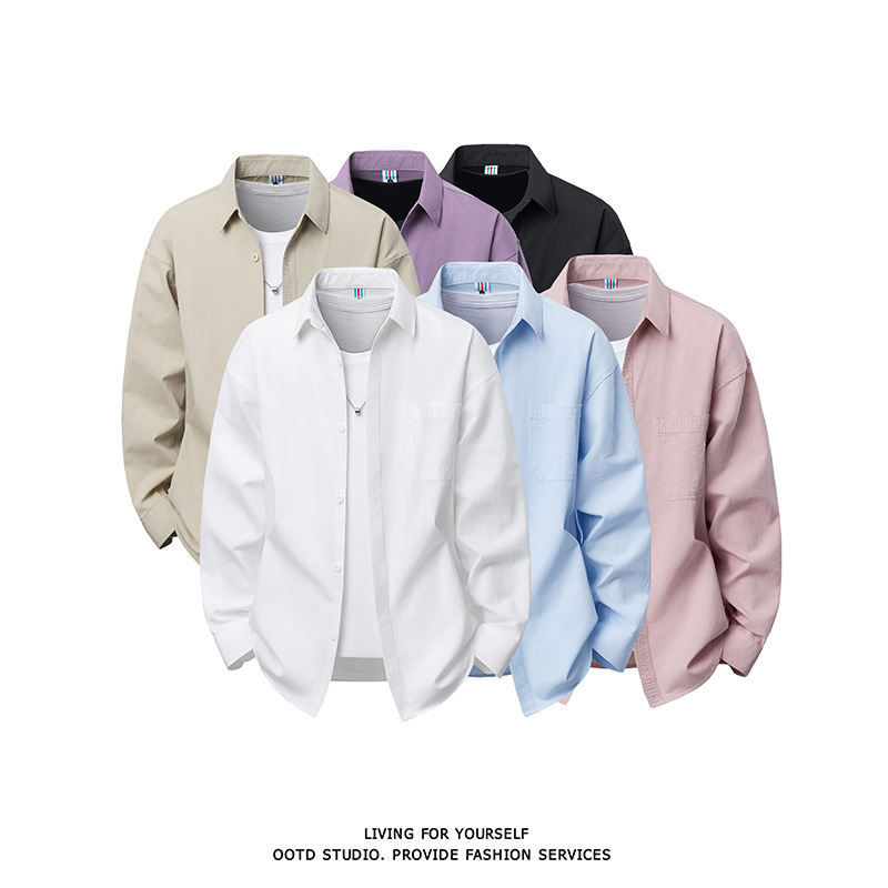 Cross-Border Trade Solid Color Cotton Shirt for Men, Spring and Autumn Japanese Style Unisex Long-Sleeve Shirt with Pockets, Cardigan Jacket Trendy Cross-Border Trade Solid Color Cotton Shirt for Men, Spring and Autumn Japanese Style Unisex Long-Sleeve Shirt with Pockets, Cardigan Jacket Trendy