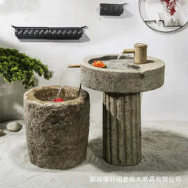 庭院石桌茶台旧石器石磨茶盘流水景观老磨盘石碾茶桌石凳旧石器