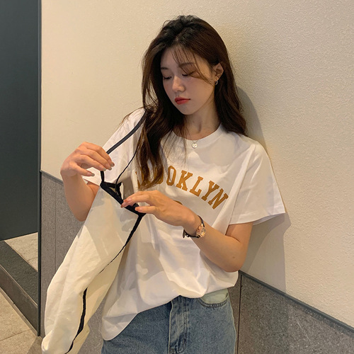 Cotton printed summer loose short-sleeved T-shirt for female students with simple letters Korean style round neck INS top for women on behalf of