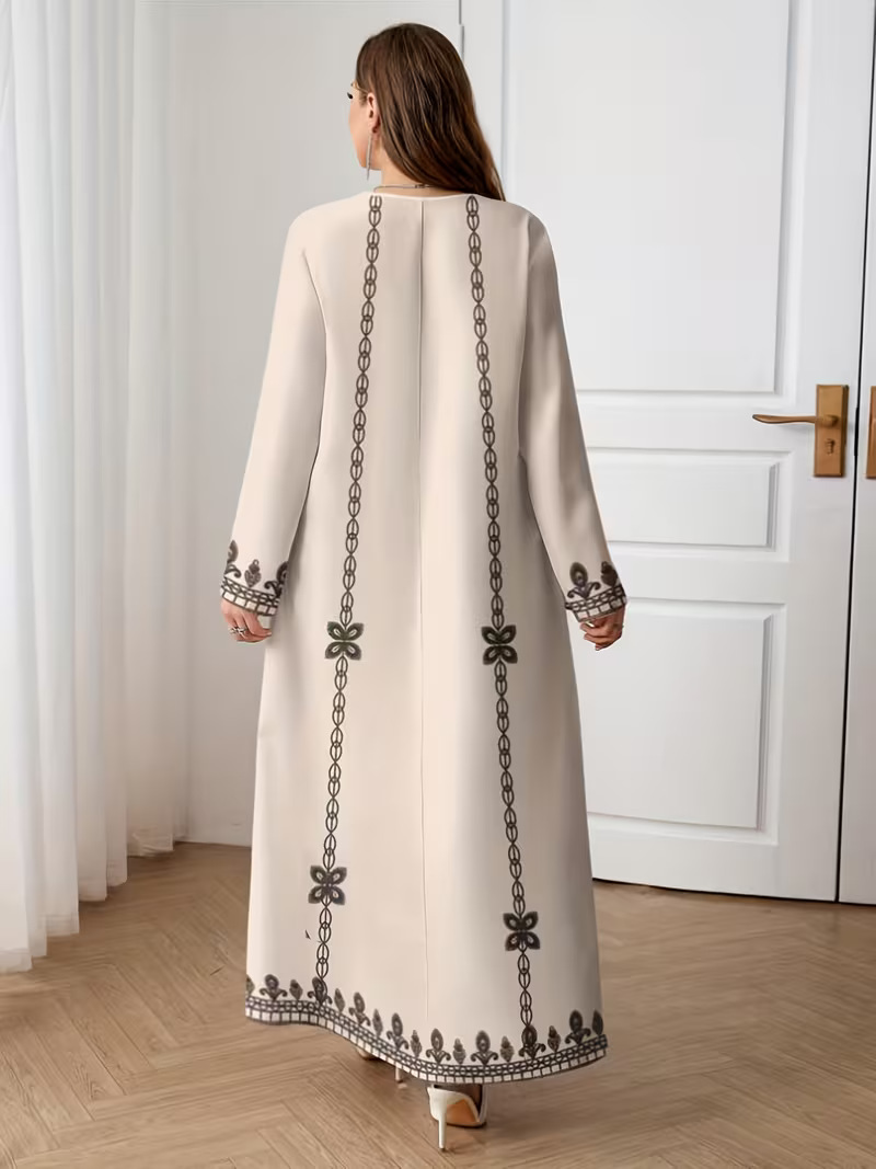 Middle Eastern Cross-border Muslim Women's V-neck Printed Loose Elegant Robe Ethnic Style Long-sleeved Dress Custom-made_ecoleips.com