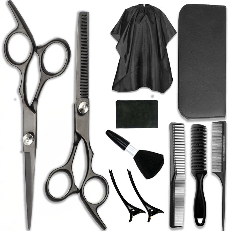 Tijeras de peluquería de acero inoxidable, juego de tijeras de peluquería de oro negro de 6 pulgadas, tijeras planas, tijeras de adelgazamiento, tijeras de corte