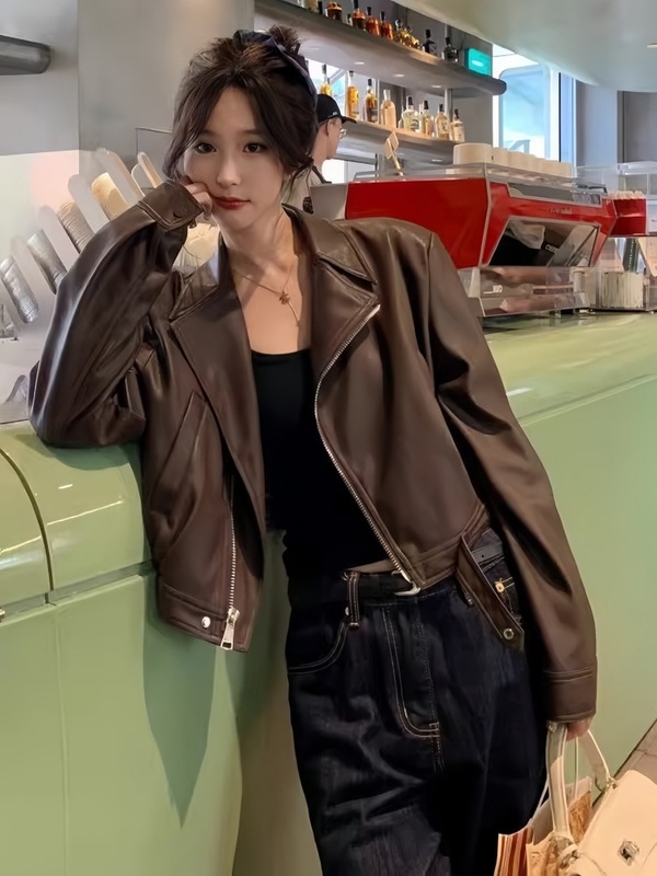 港风复古咖色pu皮衣外套女早秋季2025新款小个子短款机车夹克上衣|undefined
